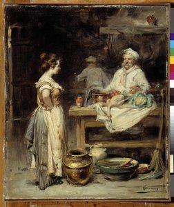 Kjøkkenet: en kokk og en hushjelp på et kjøkken (olje på lerret) av Henri Adrien Tanoux