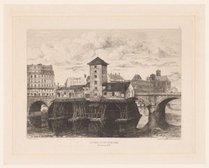 Gezicht op de Pont Notre-Dame Pumpen til Pont Notre-Dame (tittel på objekt) L'Eau Forte i 1875 (serietittel) av Henri Alexandre Saffrey
