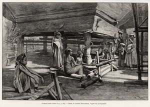 Batak-kvinner, Nord-Sumatra etnisk gruppe, veving. Gravering av Laurent Desrousseaux for å illustrere historien "" ett år i Malaysia", av Jules Claine (1856-1939), i 1889-1890, i Le tour du Monde 1892, regissert av Edouard Charton (1807-1891), Hachette, Pa