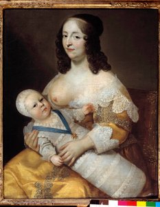 Representasjon av den fremtidige kong Ludvig XIV (1638-1715) baby, i badedrakt i armene til sin sykepleier Marie de Longuet de la Giraudiere Kvinnens bryst er oppdaget og klar til å amme barnet. Maleri av Charles (1604-1692) og Henri (1603-1677)