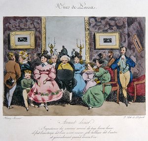 Humoristisk skildring av gjestenes oppførsel og samtale før middag, gravert av Francois Seraphin Delpech (1778-1825) (farge litho)