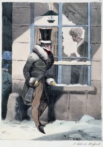 Nysgjerrig mann som ser ut av vinduet inne i et hus: "" Alle tar gleden der han finner ham"" - i "" Les pastemps"" av Henri Monnier, red. Delpech, Paris av Henri Bonaventure Monnier