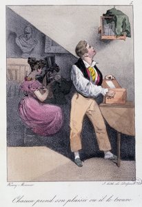 Mann som avler fugler mens kona utroer ham: "" Alle tar gleden hans eller han finner ham"" - i "" Les pastemps"" av Henry Monnier, red. Delpech, Paris, v.1830 av Henri Bonaventure Monnier