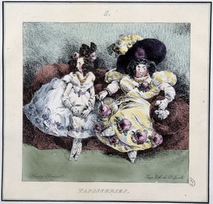 Stygge kvinner gjør "" billedvev"" sittende i en stue - i "" Parisiennes" av Henri Monnier, red. Delpech, Paris