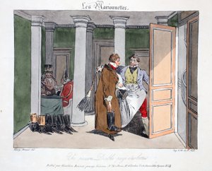 En stakkars djevel betaler for støvler, illustrasjon fra 'Les Marionnettes' av Henri Monnier, litografiert av Delpech, pub. Paris, ca. 1828 (håndfarget litho) av Henri Bonaventure Monnier