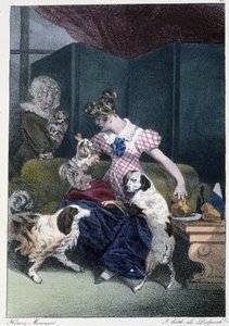 Ung jente med hunder: "" Alle tar gleden der han finner ham"" - i "" Les pastemps"" av Henri Monnier, red. Delpech, Paris av Henri Bonaventure Monnier