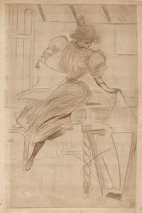 Kvinne ser på bilder i et printstativ av Henri Boutet (possibly)