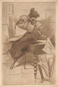 Kvinne ser på bilder i et printstativ av Henri Boutet (possibly)