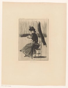 Kvinne med en bok og en paraply på en stol utenfor Petits Croquis 5 (tittel på objekt) av Henri Boutet