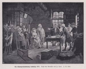 Arrestasjon av kong Louis XVI av Frankrike og hans familie i Varennes mens de prøvde å rømme etter den franske revolusjonen av Henri Cain