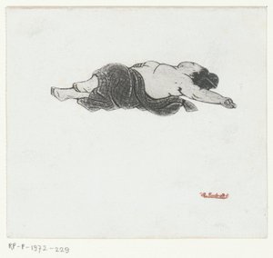 Tilbakelent japansk kvinne med bar bryst av Henri Charles Guérard (attributed to)