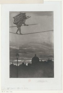 Strikkrullator med pakke på ryggen over en by Tittelside for: Henri Béraldi, Les Graveurs du XIXe siècle (...), 1888