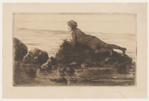 Gutt liggende på steinblokker på stranden av Henri Charles Guérard