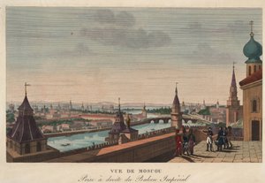 Utsikt over Moskva fra balkongen til det keiserlige palass, Russland"" (Utsikt over Moskva tatt fra balkongen til det keiserlige palass) Gravering av Henri Courvoisier-Voisin (1757-1830) - 1812 Dim 40,7x55,6 cm Privat samling av Henri Courvoisier Voisin