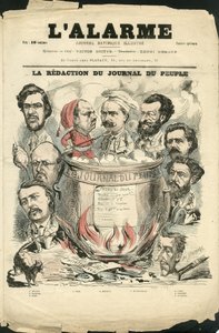 Illustrasjon av Henri Demare (1846-1888) for omslaget til L'Alarm - Draftsers, Press/Media, Verifier-datoer - Humbert Albert, Casse Germain, Arnould Arthur, Journalist, De Fonvielle Ulric, Cavalie Georges, Noir L, Mourot E, Enne F, Mighty G av Henri Demare