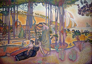 Kveldsluften. Kvinner i gresset ved skogen. Maleri av Henri Delacroix Dit Cross (Henri Edmond Cross) (1856-1910) av Henri Edmond Cross