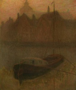 Båt på kanalen (morgen) (olje på lerret) av Henri Eugene Augustin Le Sidaner