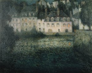 Hus ved elven i måneskinnet; Hus ved Moonlight River, Quimperle av Henri Eugene Augustin Le Sidaner