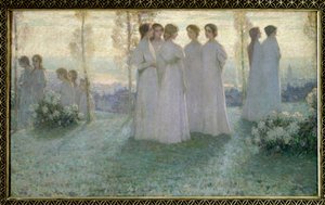 På søndag, kvinne kledd i hvitt snakker i en hage - Maleri av Henri Eugene (Henri-Eugene) Le Sidaner (1862-1939) av Henri Eugene Augustin Le Sidaner