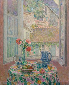 Bord med utsikt over gårdsplassen - Maleri av Henri Le Sidaner (1862-1939) av Henri Eugene Augustin Le Sidaner