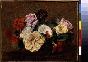 Roser og nasturtium i en vase. Maleri av Henri Fantin-Latour (Fantin Latour av Ignace Henri Jean Fantin Latour