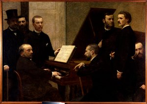 Rundt pianoet Sittende fra venstre til høyre, Emmanuel Chabrier, Edmond Maitre og Amedee Pigeon. Standing, Adolphe Julien, Arthur Boisseau, Camille Benoit, Antoine Lascoux og Vincent d
