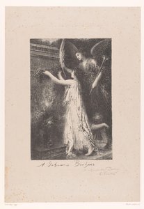 Engel og personifisering av berømmelse bringer en æreskrans ved graven til Johannes Brahms Á Johannes Brahms (tittel på objekt) av Ignace Henri Jean Fantin Latour