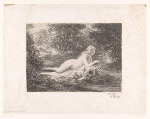Nymfe med vannmugge ved en skogsbekk La source dans les bois (tittel på objekt) av Ignace Henri Jean Fantin Latour