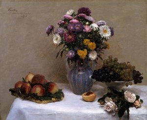 Hvite roser og krysantemum i en vase av Ignace Henri Jean Fantin Latour