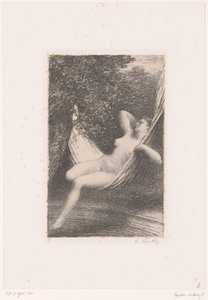 Sara vugger naken i en hengekøye over vannet Sara la Baigneuse Livet og verkene til Hector Berlioz (serietittel) av Ignace Henri Jean Fantin Latour