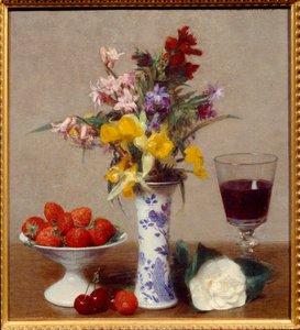 Stilleben kalt forlovelsen Et glass rødvin, en bukett melange, kirsebær og jordbær. Maleri av Henri Fantin Latour (Fantin-Latour) (1836-1904) 1869 Søn. 0,32x0,29 m Grenoble, musee des Beaux Arts av Ignace Henri Jean Fantin-Latour
