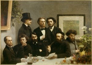 Bordhjørne Representasjon av et møte mellom, fra venstre mot høyre, Paul Verlaine, Arthur Rimbaud, Elzear Bonnier, Leon Valade, Emile Blemont, Jean Aicart, Ernest d