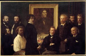 Hyllest til Eugene Delacroix. Karakterene som er representert er Louis Edmond Duranty (bokstavens mann), James Abbott Mac Neill Whistler (maler), Champfleury, Jules Husson (bokstavens mann), Edouard Manet, Charles Baudelaire, Louis Cordier, Alphonse Legros av Ignace Henri Jean Fantin Latour
