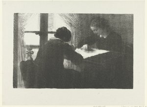 To kvinner broderer ved et bord ved et vindu i interiøret Intérieur de brodeuses L'Epreuve (serietittel) av Ignace Henri Jean Fantin Latour
