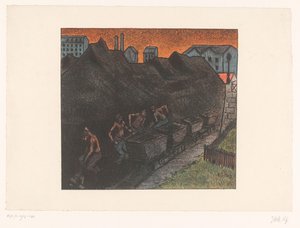 Fire gruvearbeidere måker kull i vogner Au parc de charbon Forestillinger av Théâtre Libre (serietittel) Les Programs du Théâtre Libre (serietittel) av Henri Gabriel Ibels