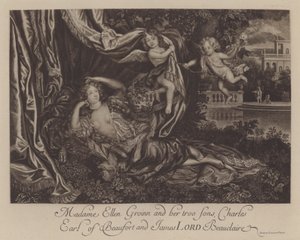 Nell Gwyn og hennes to sønner, Charles, Earl of Burford, og James, Lord Beauclerk (gravering)