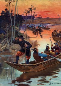 Rene Robert Cavelier de La Salle (1643-1687), fransk oppdagelsesreisende og hans følgesvenner som går nedover Mississippi-elven for Frankrike av Henri Gaston Darien