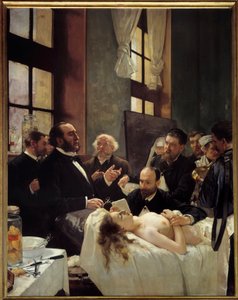 Dr. Jules Emile (Jules-Emile) Pean (1830-1898) underviste ved Saint Louis-sykehuset sin oppdagelse av at skip klemte seg eller "" Før operasjonen"" Maleri av Henri Gervex (1852-1929) 1887 Søn. 2,42x1,88 m Paris, musee d