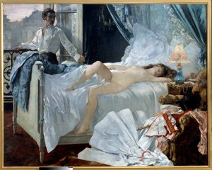 Rolla. Et par på et soverom, kvinnen sover naken og mannen ser på henne ved vinduet. Maleri av Henri Gervex (1852 - 1929). 1878. Dim. 1,75 x 2,20 m Musee des Beaux Arts de Bordeaux - Rolla. Et par på et soverom, kvinnen sover og na