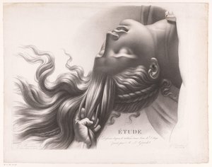 Hodet til en ung kvinne som blir trukket av håret Étude dessinée d'après le tableau d'une Scène de Déluge peint par AL Girodet (tittel på objekt) av Henri Guillaume Chatillon