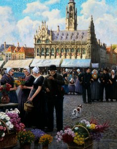 Blomstermarkedet i Middelburg (olje på lerret) av Henri Houben