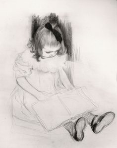 Jente leser (fargestift på papir) av Henri Jacques Edouard Evenepoel