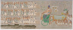 Fargede bunnrelieffer fra det sørlige galleriet til palassets peristyl, plate 12 fra bind II av `Descriptions of Egypt`, gravert av Antoine Phelippeaux (f.1767) 1822 (akvatint) av Henri Joseph (after) Redoute
