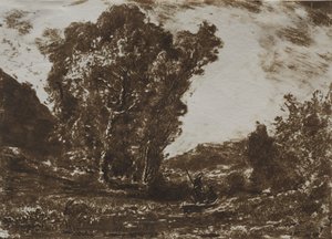 To båtmenn i en myr nær en klynge av trær, ca. 1857.