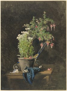 En Fuchsia i potte med barneleker av Henri Joseph Harpignies