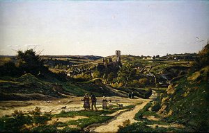 Slottet og landsbyen Herisson av Henri Joseph Harpignies