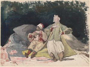 To dukker eller dukker som sitter på puter av Henri Joseph Harpignies
