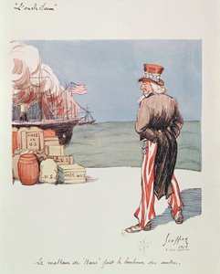 Karikatur av onkel Sam på tidspunktet for den første verdenskrig, 1915 (farget lito)