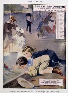 Barn som leker båter i Tuileries Garden av Jean Geoffroy (1853-1924), kalender "" Belle Jardiniere"", serie "" Nos Jardins"", oktober, n.d. v.1900.
