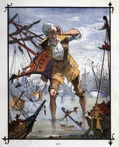 Lemuel Gulliver i sentrum av et sjøslag mellom skipene Lilliput og Blefuscu. Illustrasjon for "" Gulliver